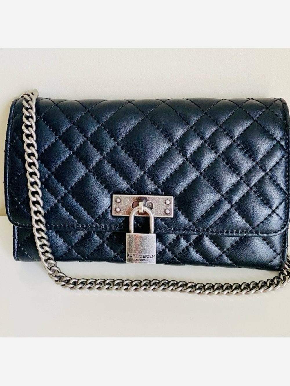 Kurt Geiger London Brixton Black Leather Crossbody Chain Wallet Bag with Padlock